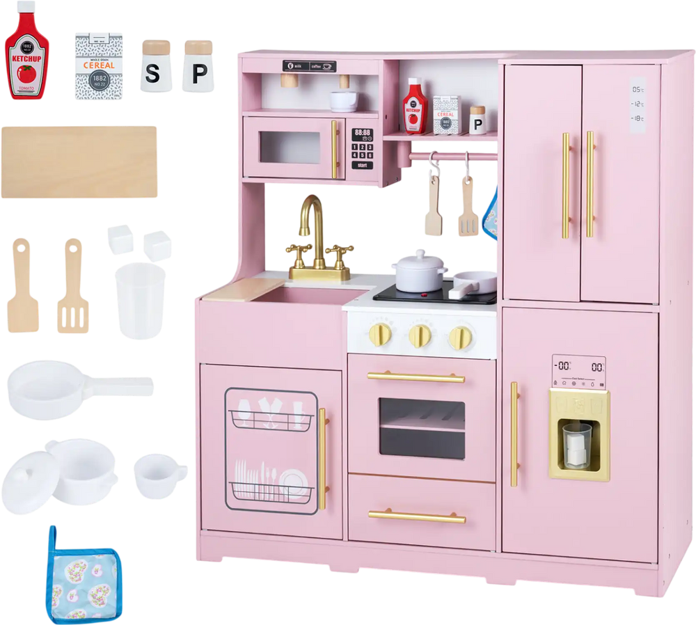 Wooden play kitchen set in pink and white features realistic lights, sounds, and multiple interactive play zones for kids.