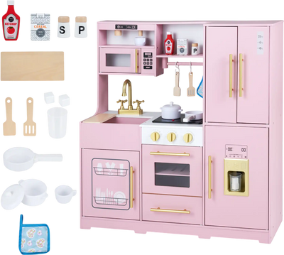Costway Wooden Play Kitchen Lights & Sounds Sink Stove Oven 10323065 New
