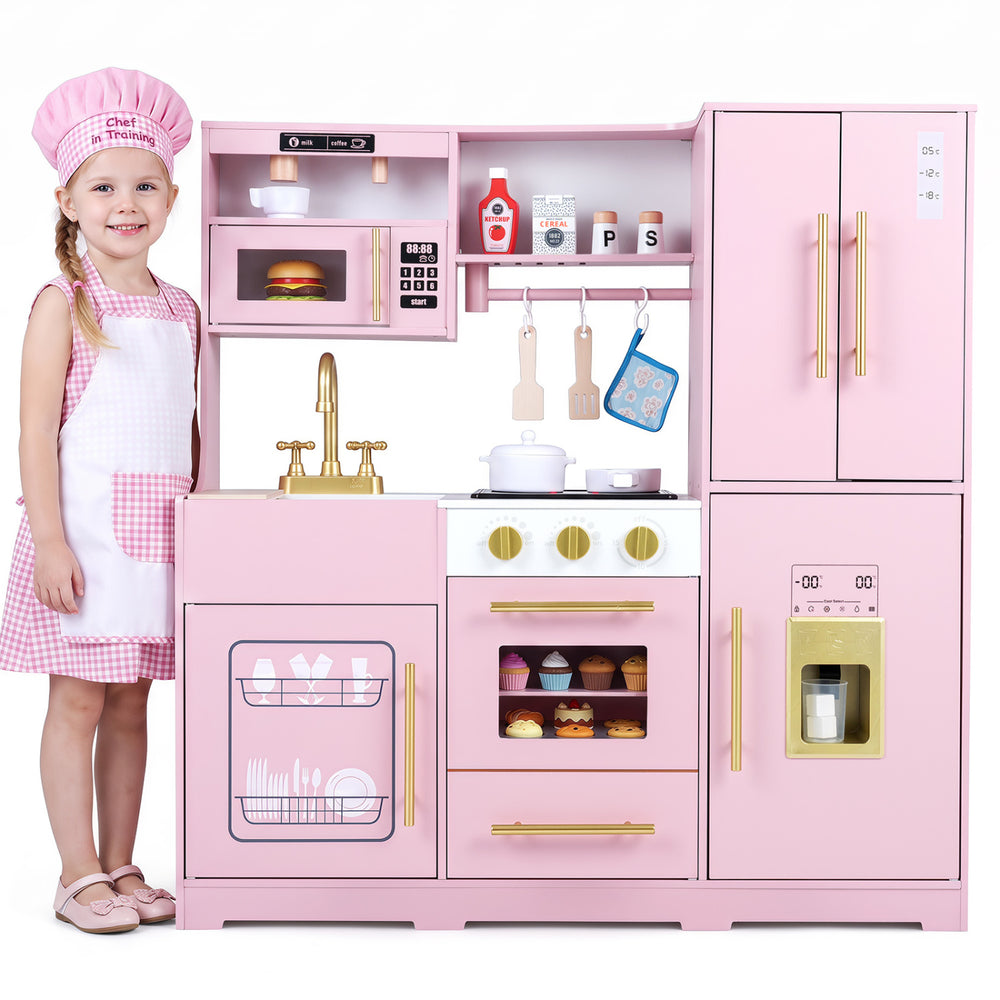 Wooden play kitchen set in pink and white features realistic lights and sounds, perfect for imaginative cooking play.