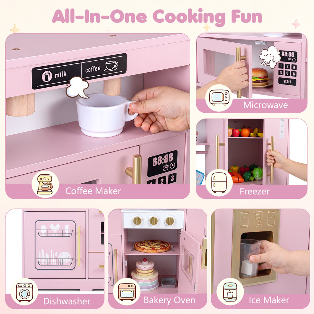 Wooden play kitchen set in pink and white features realistic lights and sounds, including a microwave, oven, and ice maker.