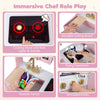 Wooden play kitchen set in pink and white features realistic lights and sounds, perfect for interactive pretend cooking fun.