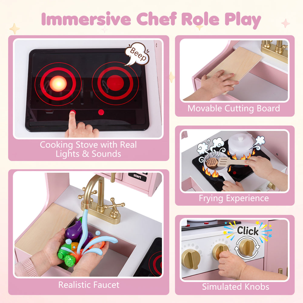 Wooden play kitchen set in pink and white features realistic lights and sounds, perfect for interactive pretend cooking fun.