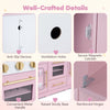 Wooden play kitchen for kids in pink and white featuring realistic lights, sounds, and multiple interactive zones for fun.