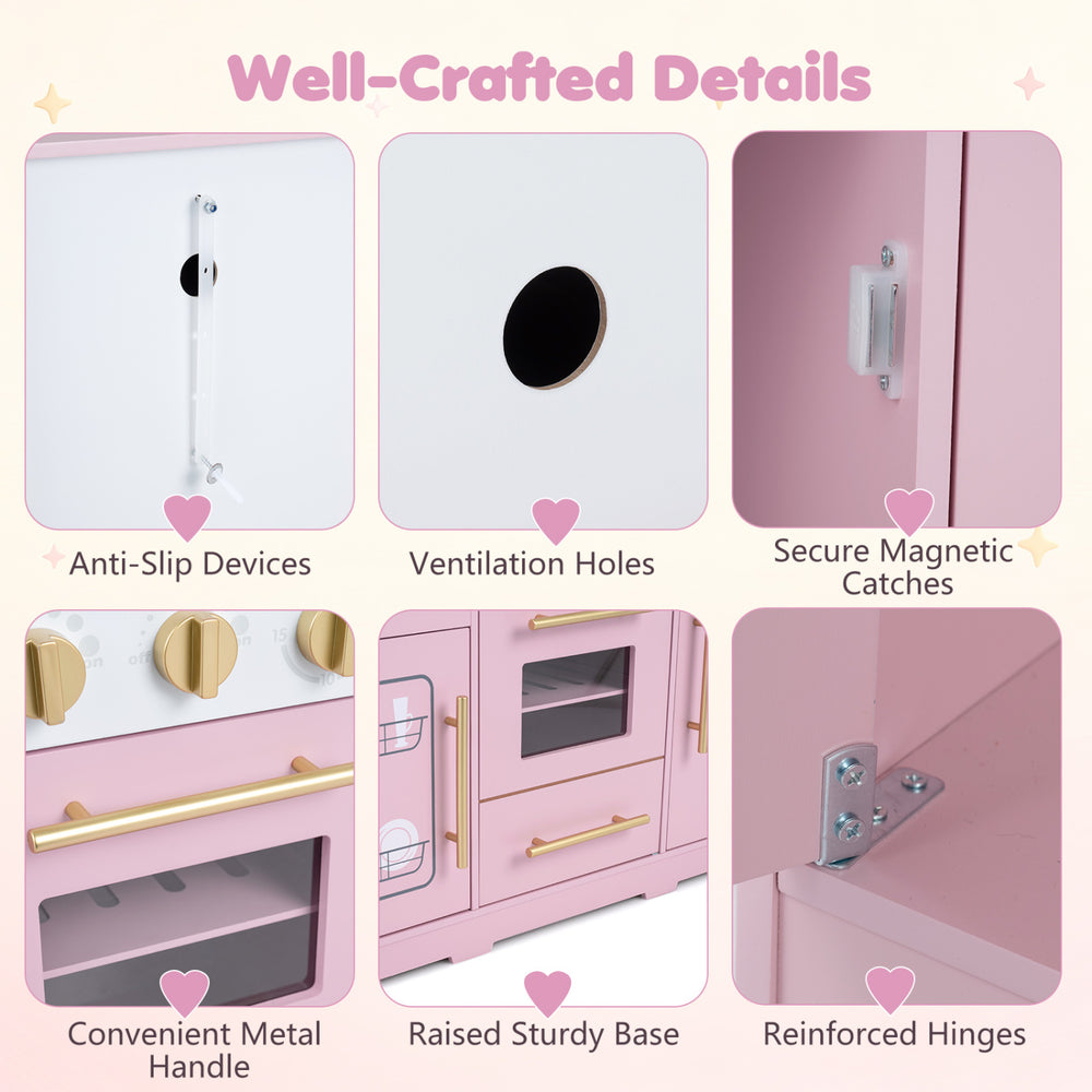 Wooden play kitchen for kids in pink and white featuring realistic lights, sounds, and multiple interactive zones for fun.