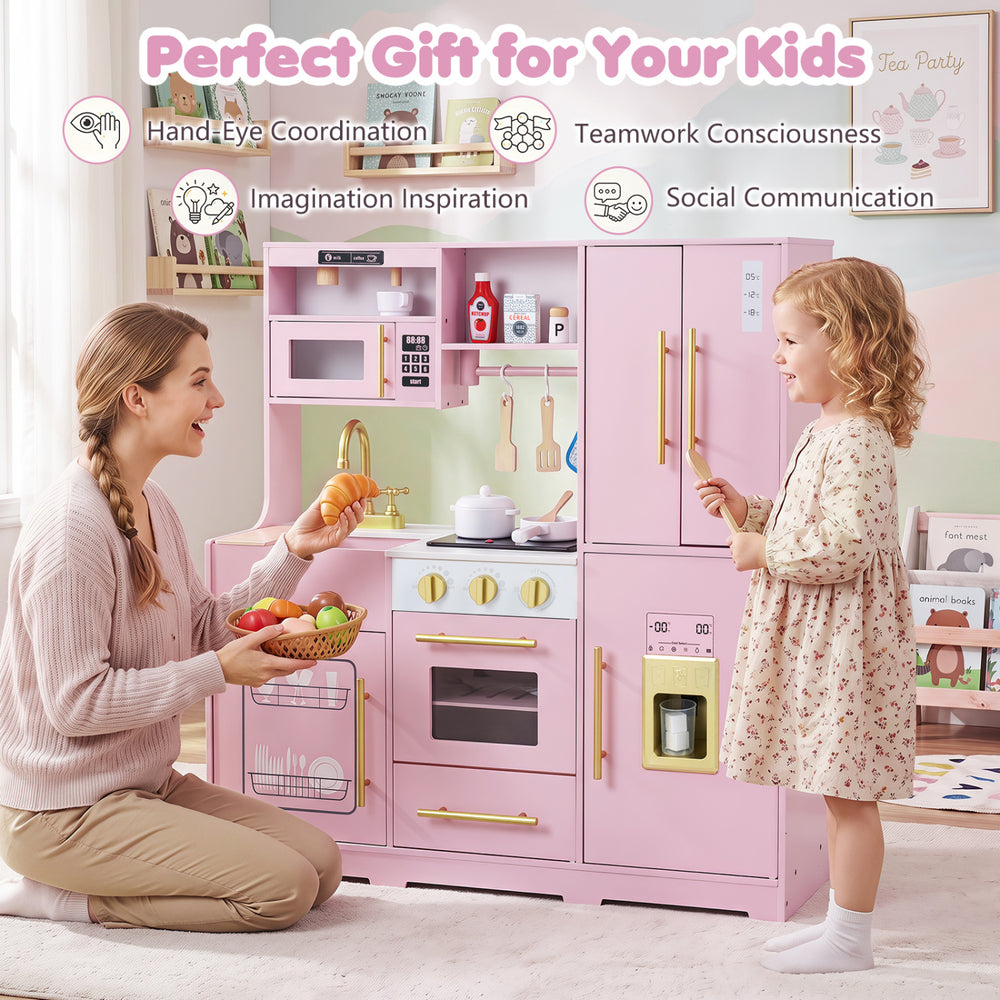 Wooden play kitchen set in pink and white features realistic lights and sounds, perfect for imaginative toddler play.