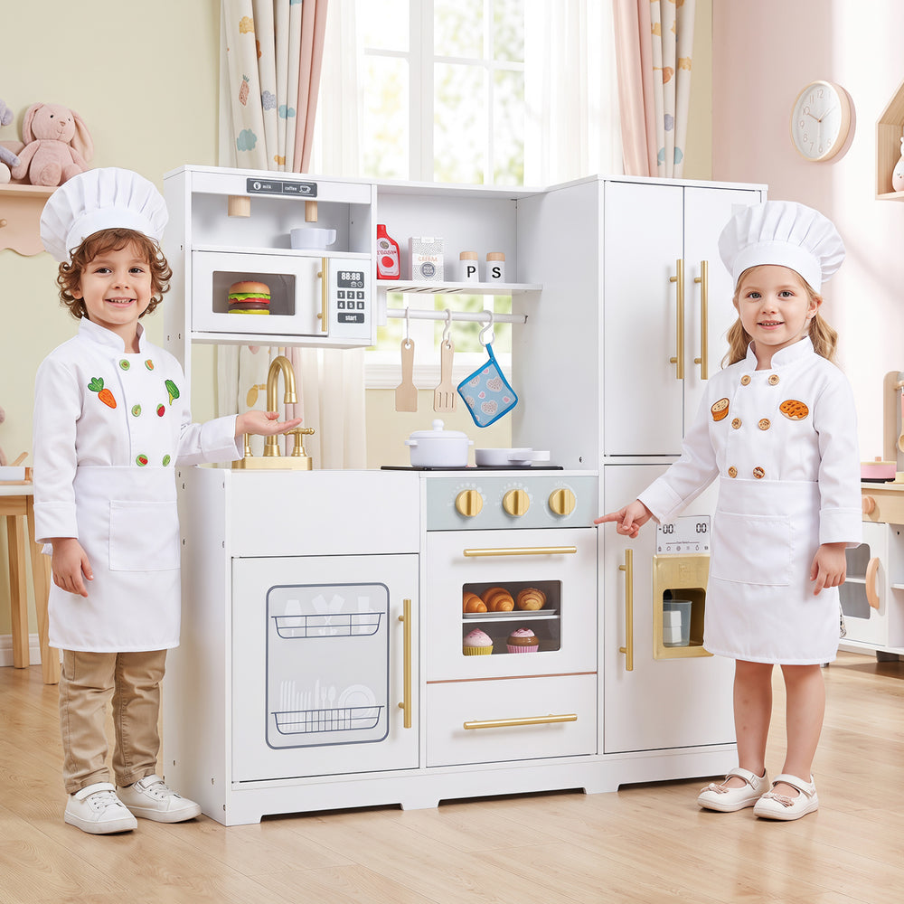 Wooden Play Kitchen with Lights & Sounds and Sink Stove Oven for Kids Ages 3+-White - Gallery View 1 of 11