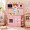Wooden play kitchen for kids in pink with glowing stoves, storage cabinets, and realistic lights and sounds for imaginative play.