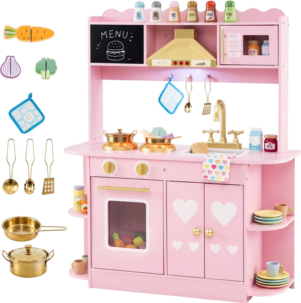 Wooden play kitchen for kids in pink with glowing stoves, realistic sounds, and a complete cookware set for imaginative play.