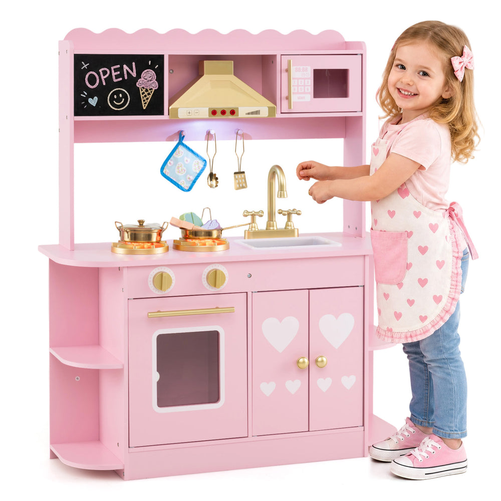 Wooden play kitchen in pink with glowing stoves, realistic sounds, and multiple storage options for engaging pretend cooking.