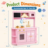 Wooden play kitchen dimensions showing a stylish pink design with glowing stoves, realistic sounds, and ample storage options.