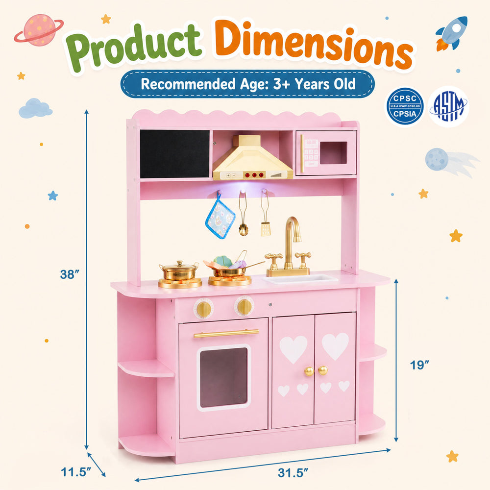 Wooden play kitchen dimensions showing a stylish pink design with glowing stoves, realistic sounds, and ample storage options.