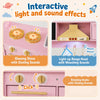 Wooden play kitchen for kids featuring glowing stoves, light-up range hood, and rotating knobs for interactive cooking fun.