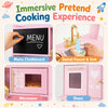 Wooden play kitchen features a menu chalkboard, sink with faucet, microwave, and oven for immersive pretend cooking.