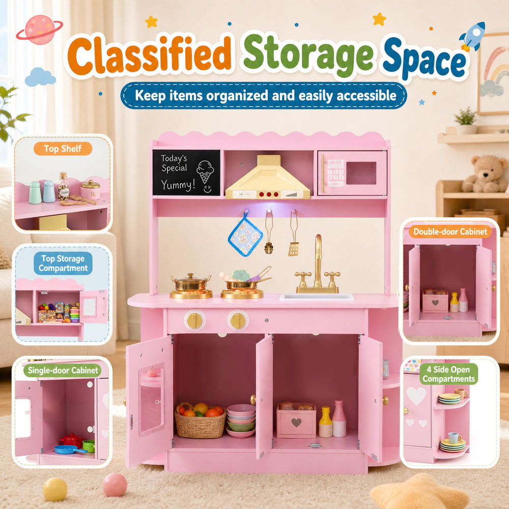 Wooden play kitchen for kids in pink with real lights and sounds, featuring multiple storage compartments for organized play.