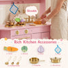Sliceable carrot and cooking utensils enhance the interactive play experience of the wooden kitchen for kids.