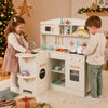 Wooden play kitchen for kids featuring interactive lights, sounds, and a realistic sink for imaginative cooking fun.