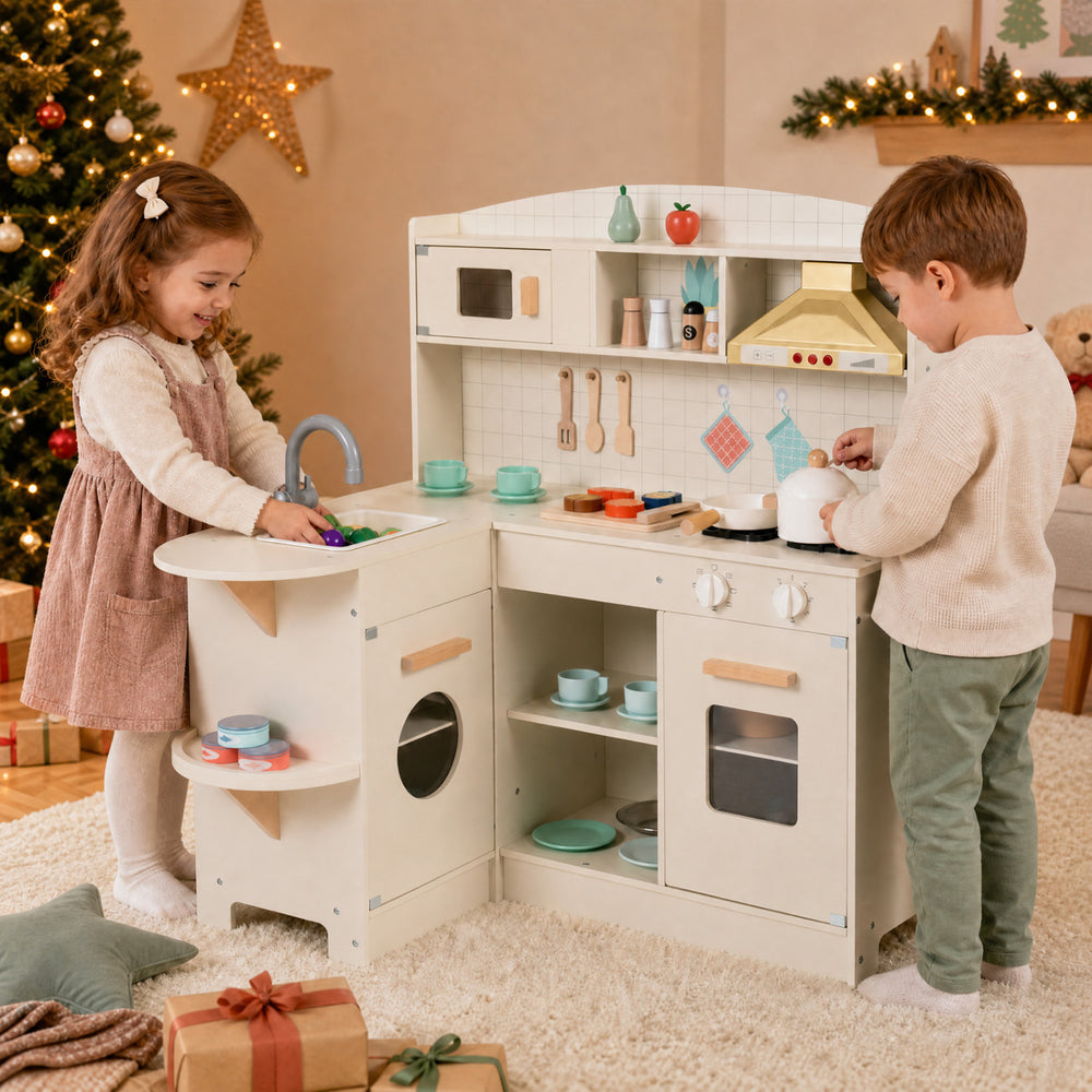 Wooden play kitchen for kids featuring interactive lights, sounds, and a realistic sink for imaginative cooking fun.