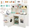 Wooden play kitchen for kids featuring lights, sounds, and a realistic design with a sink, stove, and ample storage space.
