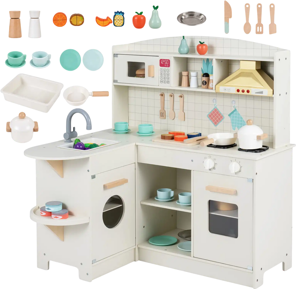 Wooden play kitchen for kids featuring lights, sounds, and a realistic design with a sink, stove, and ample storage space.