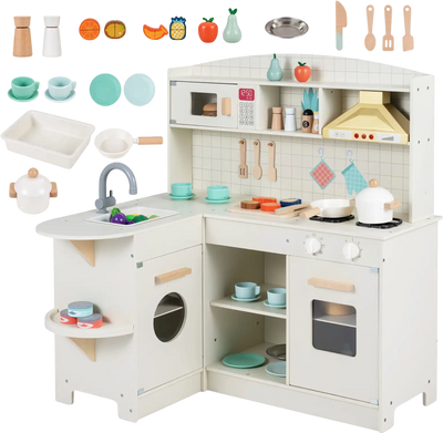 Costway Wooden Play Kitchen Lights Sounds Stove Microwave Sink 15393856 New