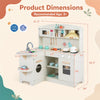 Wooden play kitchen for kids showcasing product dimensions and recommended age for safe, imaginative cooking adventures.