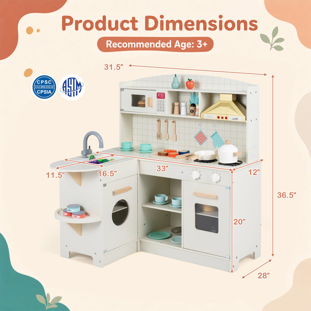 Wooden play kitchen for kids showcasing product dimensions and recommended age for safe, imaginative cooking adventures.