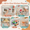 Wooden play kitchen for kids featuring a microwave, stove, sink, and range hood with lights and sounds for immersive play.