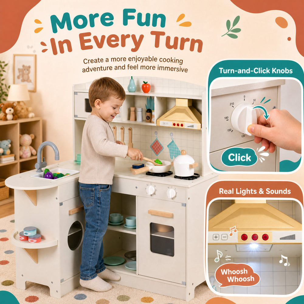 Wooden play kitchen for kids featuring interactive lights, sounds, and turn-and-click knobs for immersive pretend cooking.