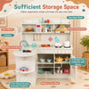 Wooden play kitchen for kids featuring lights, sounds, and ample storage with cabinets and open shelves for organized play.