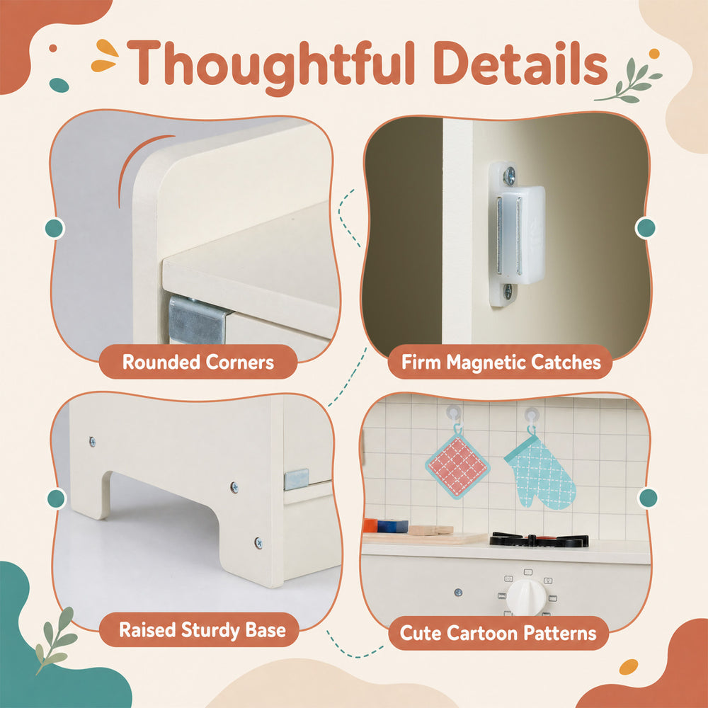 Wooden play kitchen for kids featuring rounded corners, sturdy base, and interactive lights and sounds for immersive play.
