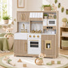 Wooden play kitchen for kids features realistic lights, sounds, and ample storage for engaging pretend cooking fun.