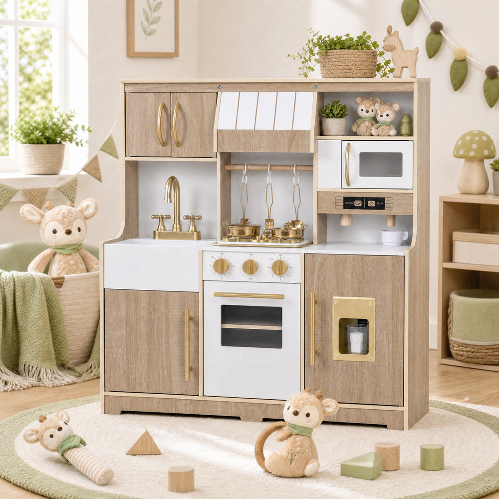 Wooden play kitchen for kids features realistic lights, sounds, and ample storage for engaging pretend cooking fun.
