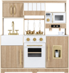 Wooden play kitchen for kids featuring realistic lights, sounds, and ample storage for imaginative cooking play.