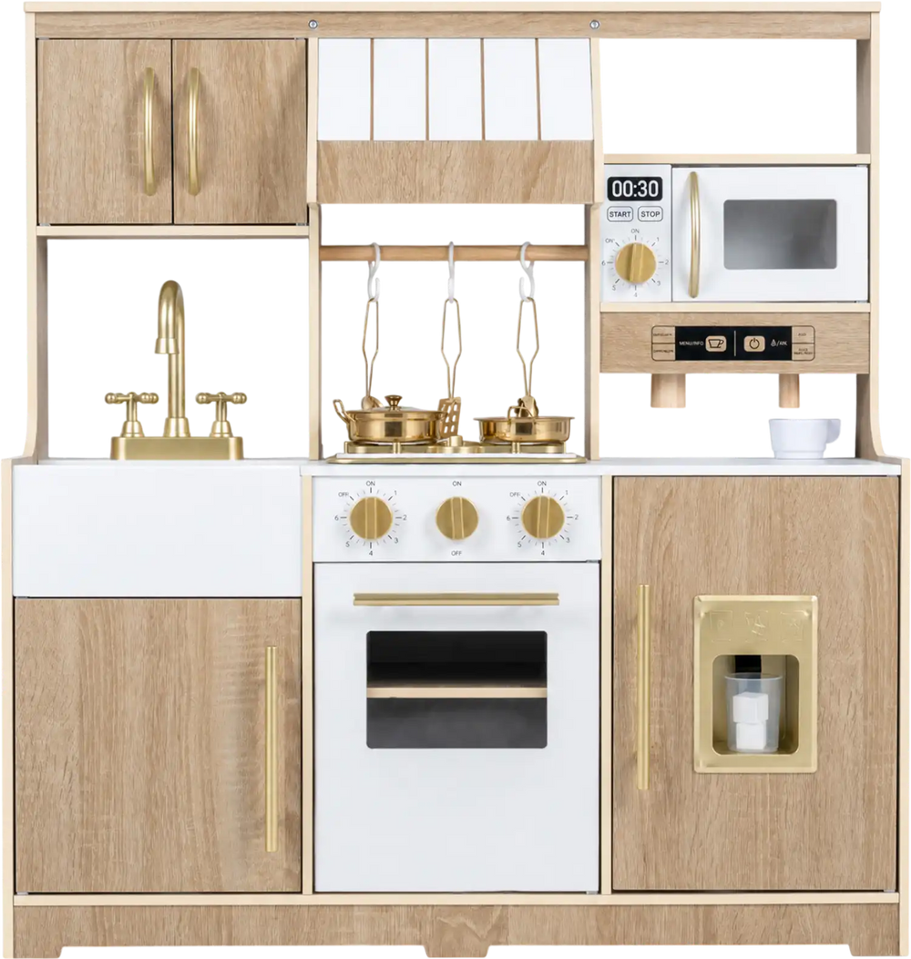 Wooden play kitchen for kids featuring realistic lights, sounds, and ample storage for imaginative cooking play.