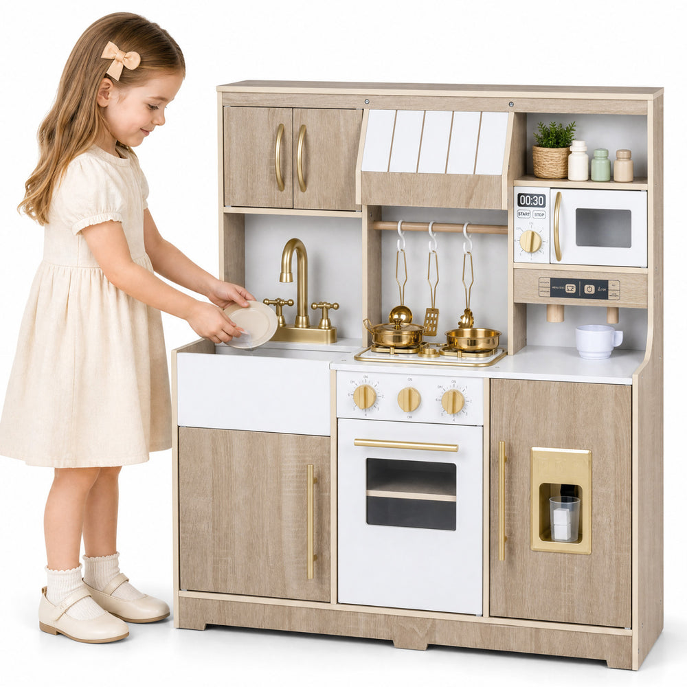 Wooden play kitchen for kids showcasing a child using the sink and stove, enhancing interactive cooking play experiences.