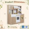 Wooden play kitchen for kids with detailed dimensions, including a height of 35.5 inches and width of 33 inches for space planning.