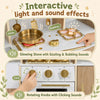 Wooden play kitchen for kids featuring glowing stoves, clicking knobs, and interactive sound effects for imaginative cooking.