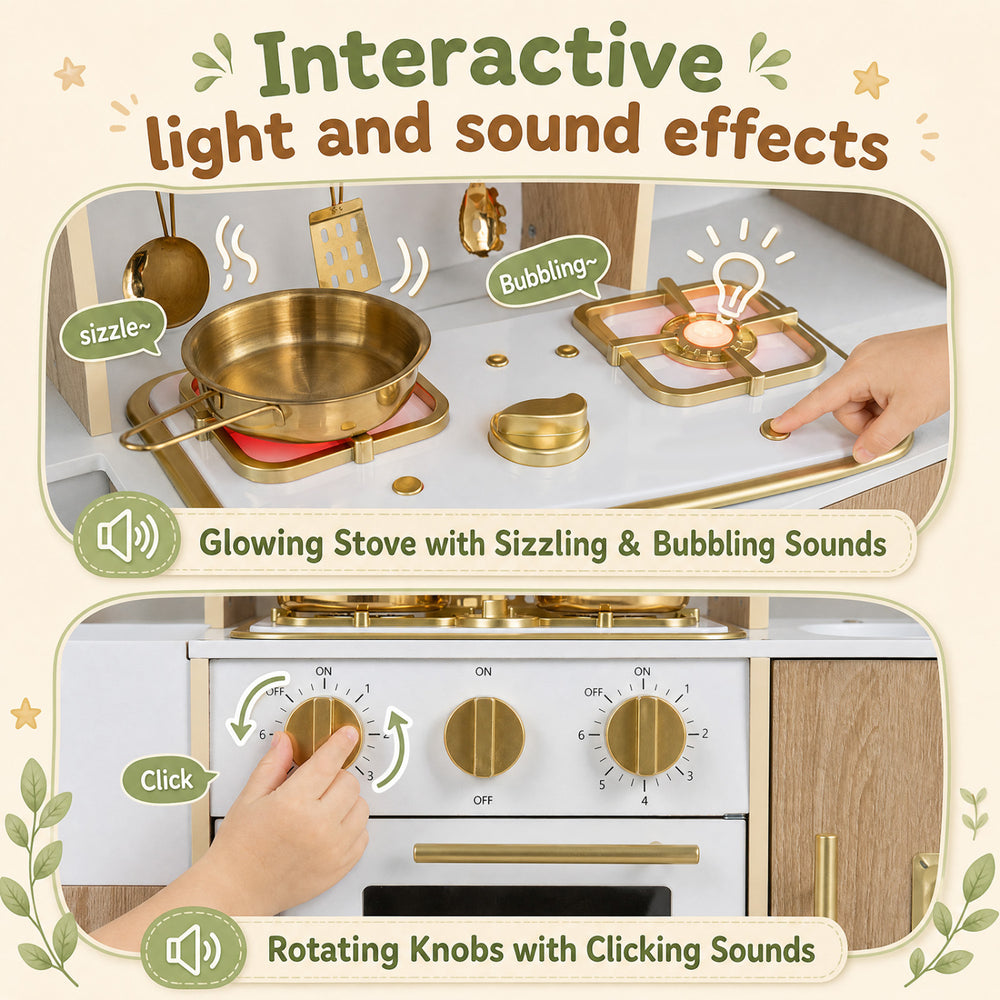 Wooden play kitchen for kids featuring glowing stoves, clicking knobs, and interactive sound effects for imaginative cooking.