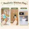 Wooden play kitchen for kids featuring a swivel faucet, ice maker, and coffee maker for realistic cooking role play.