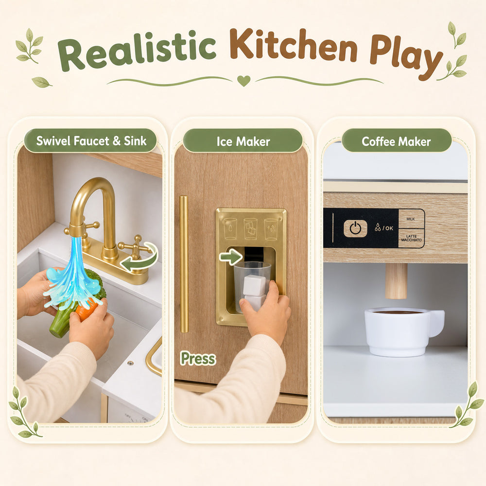 Wooden play kitchen for kids featuring a swivel faucet, ice maker, and coffee maker for realistic cooking role play.