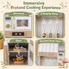 Wooden play kitchen featuring a microwave, oven, and realistic lights and sounds for immersive pretend cooking fun.