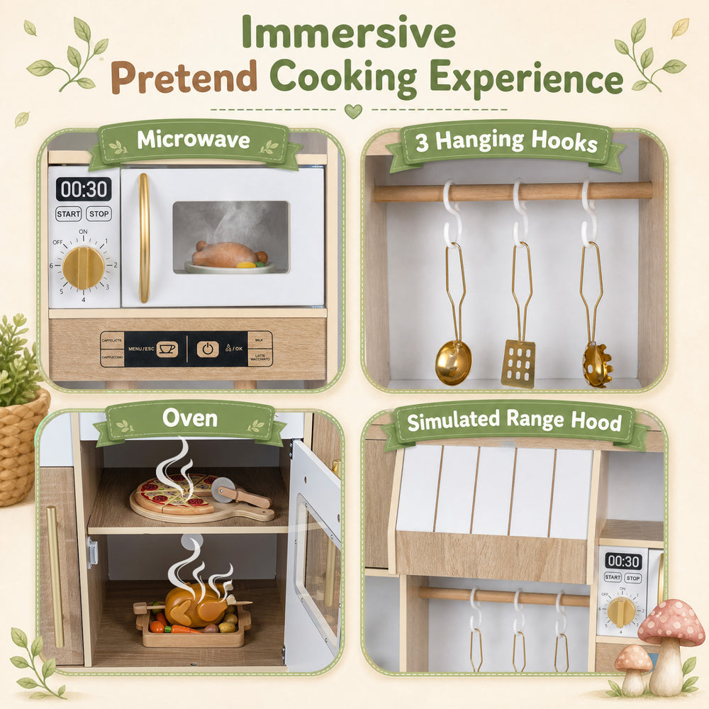 Wooden play kitchen featuring a microwave, oven, and realistic lights and sounds for immersive pretend cooking fun.