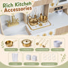 Wooden play kitchen accessories including a frying pan, pot, coffee cup, and ice makers for imaginative cooking fun.