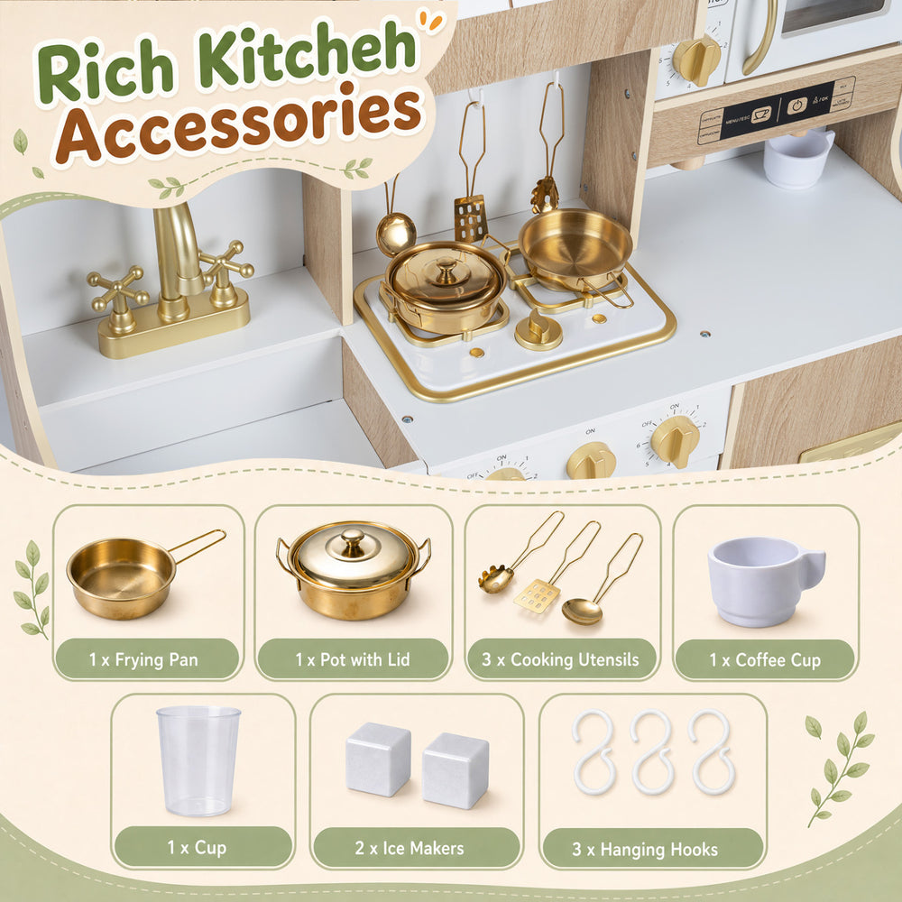 Wooden play kitchen accessories including a frying pan, pot, coffee cup, and ice makers for imaginative cooking fun.