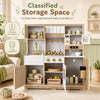 Wooden play kitchen for kids featuring realistic lights, sounds, and ample storage with 5 cabinets for organized play.