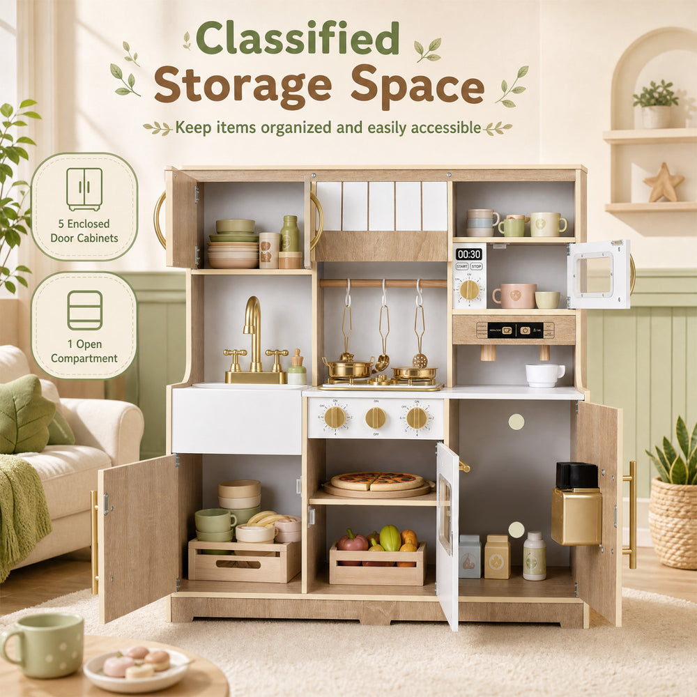 Wooden play kitchen for kids featuring realistic lights, sounds, and ample storage with 5 cabinets for organized play.