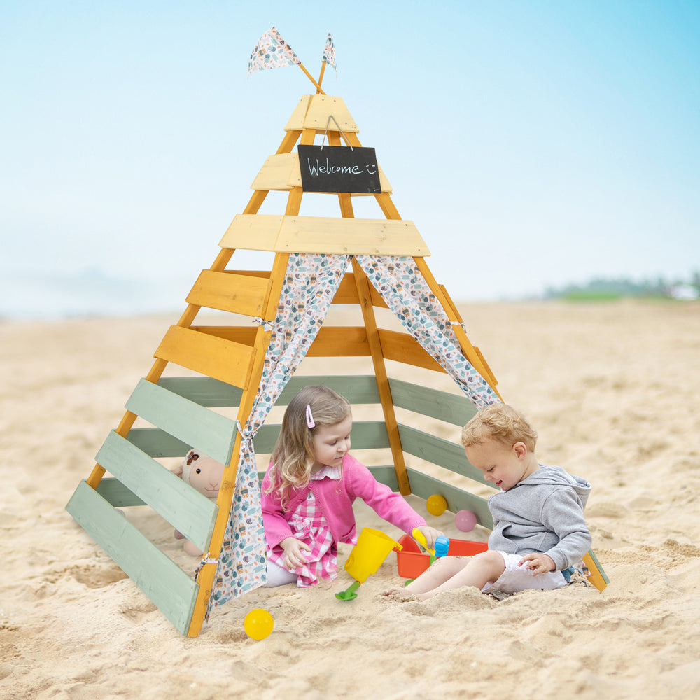Triangle Hideaway Playhouse made of durable fir wood, featuring removable chalkboard, perfect for outdoor play with.