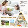 Triangle hideaway playhouse made of fir wood with removable chalkboard, perfect for kids' play in the garden or beach.