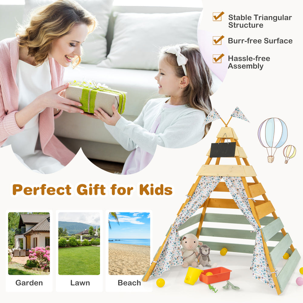 Triangle hideaway playhouse made of fir wood with removable chalkboard, perfect for kids' play in the garden or beach.