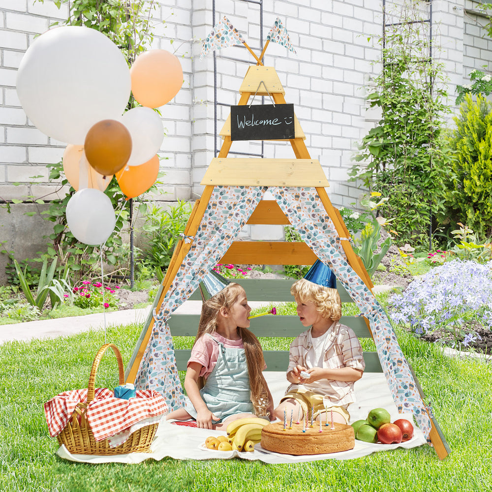 Triangle Hideaway Playhouse with removable chalkboard, perfect for outdoor play and vibrant holiday decoration.